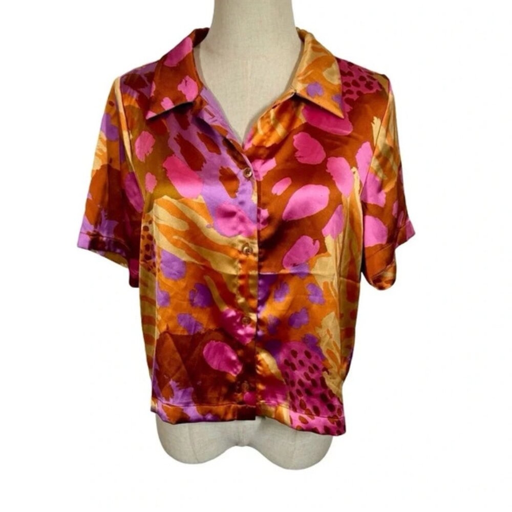 House Of Harlow 1960 Satin Button Down Boxy Cropped Top